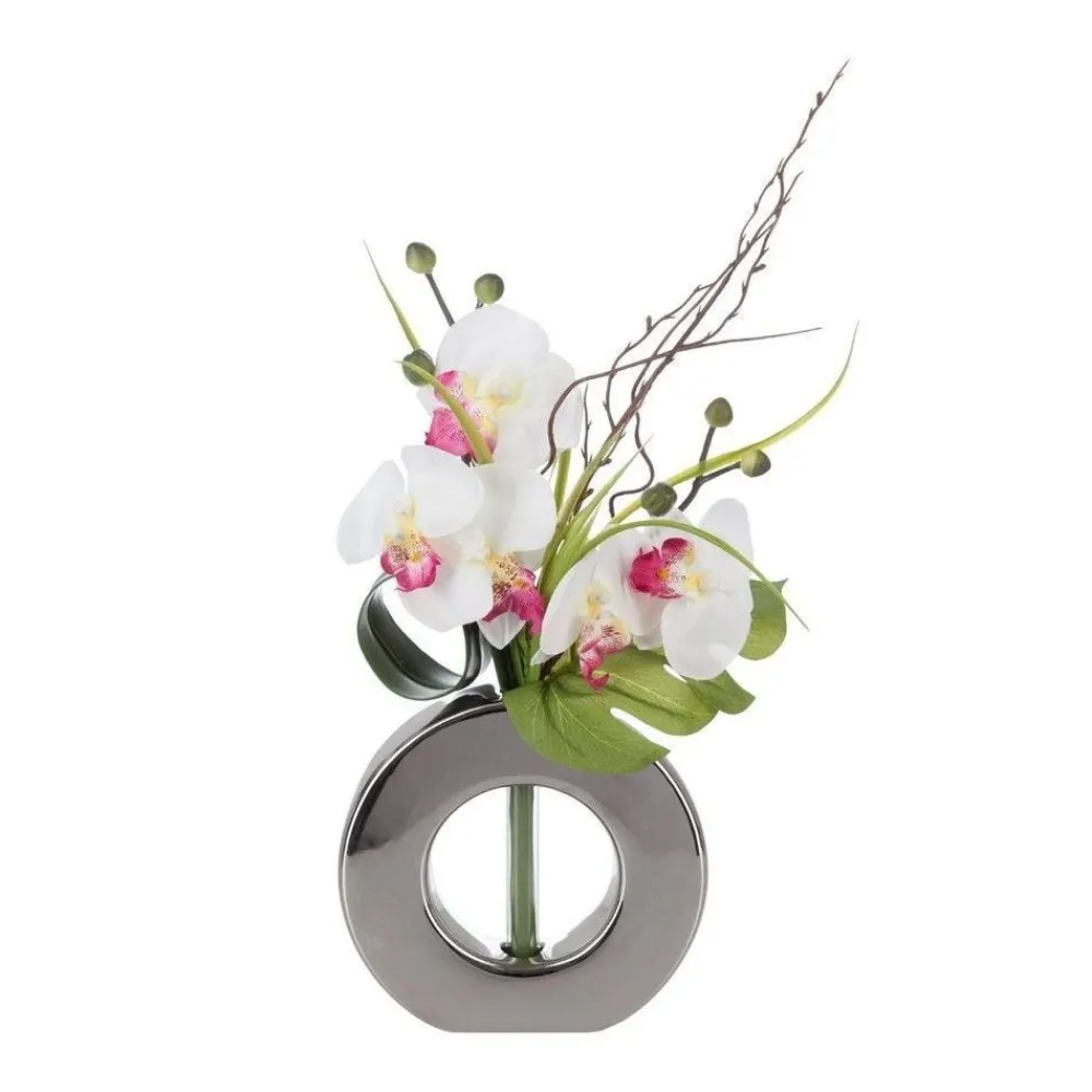 RETIF Composition Florale D'Orchidees Artificielles Vase Argent En Ceramique H45Cm Fashion