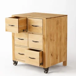 RETIF Comptoir L75Xp60Xh90Cm Authentique Sur Roulettes & 6 Tiroirs - Pin Massif Teinte New