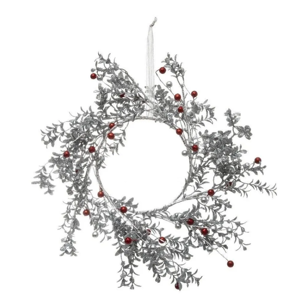 RETIF Couronne De Noel Branches Argentees Et Pailletees Avec Baies Rouges O40Cm Best