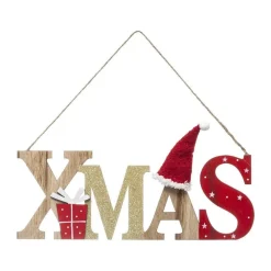 RETIF Deco De Noel Mot A Suspendre Xmas En Bois Rouge Et Paillette Doree H30Cm Clearance