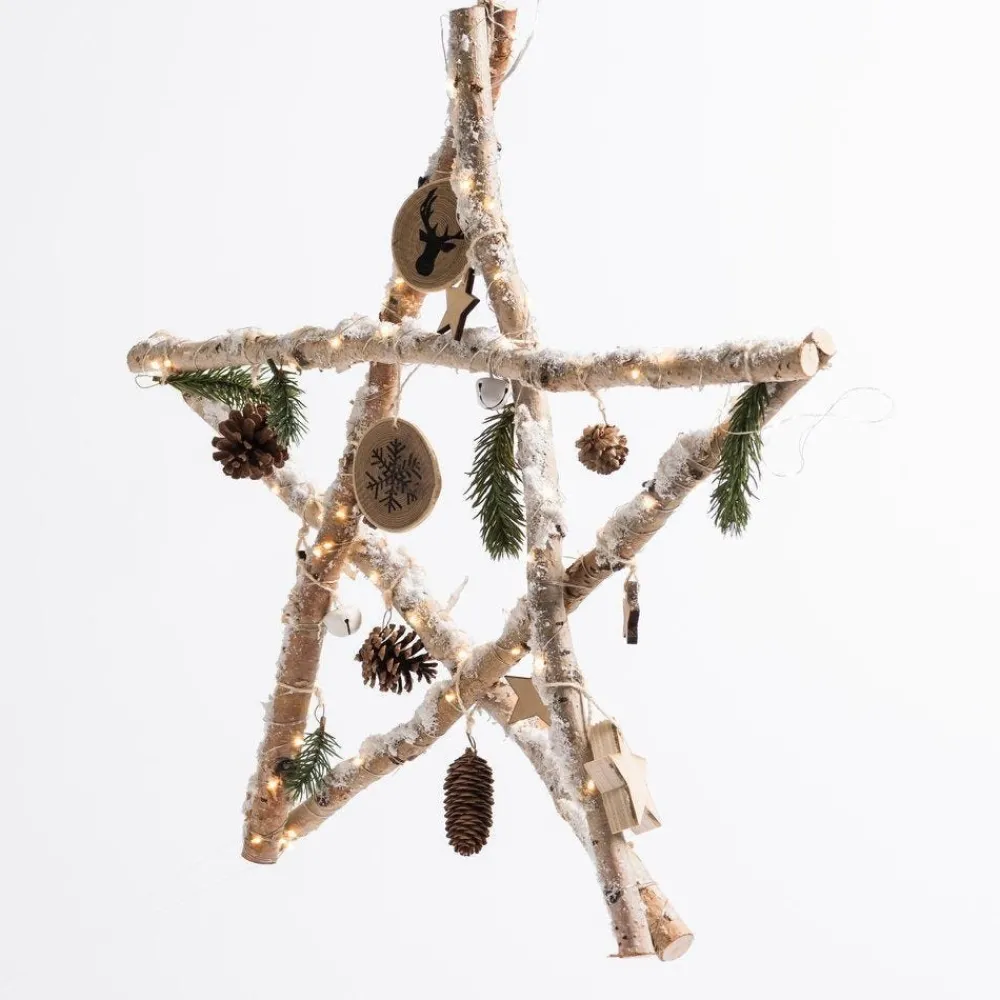 RETIF Etoile En Bois Decoree Et Enneigee Avec Leds L 60 X H 59 Cm Sale