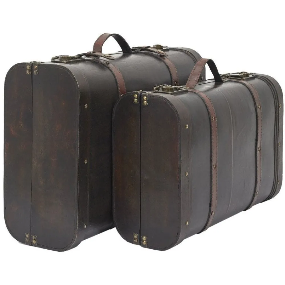 RETIF Malles Vintage En Bois Et Cuir Marron 48X31X16,5 + 53X38X20Cm Fashion