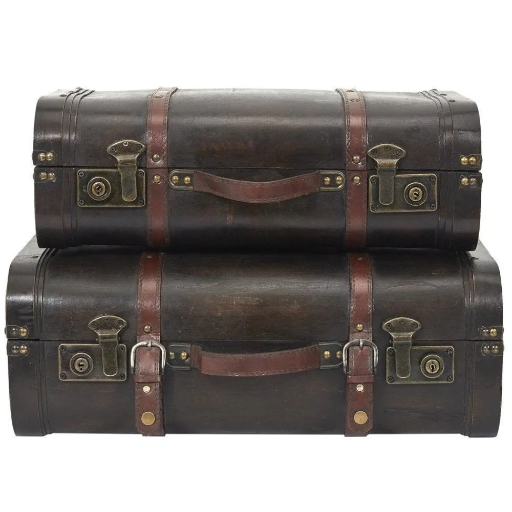 RETIF Malles Vintage En Bois Et Cuir Marron 48X31X16,5 + 53X38X20Cm Fashion