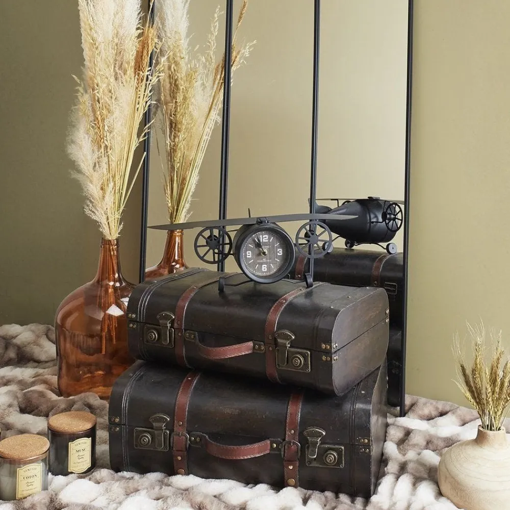 RETIF Malles Vintage En Bois Et Cuir Marron 48X31X16,5 + 53X38X20Cm Fashion