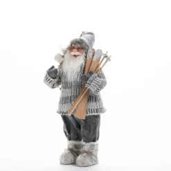 RETIF Pere Noel Pull Gris H 60 Cm Avec Hotte, Lanterne Et Skis Hot