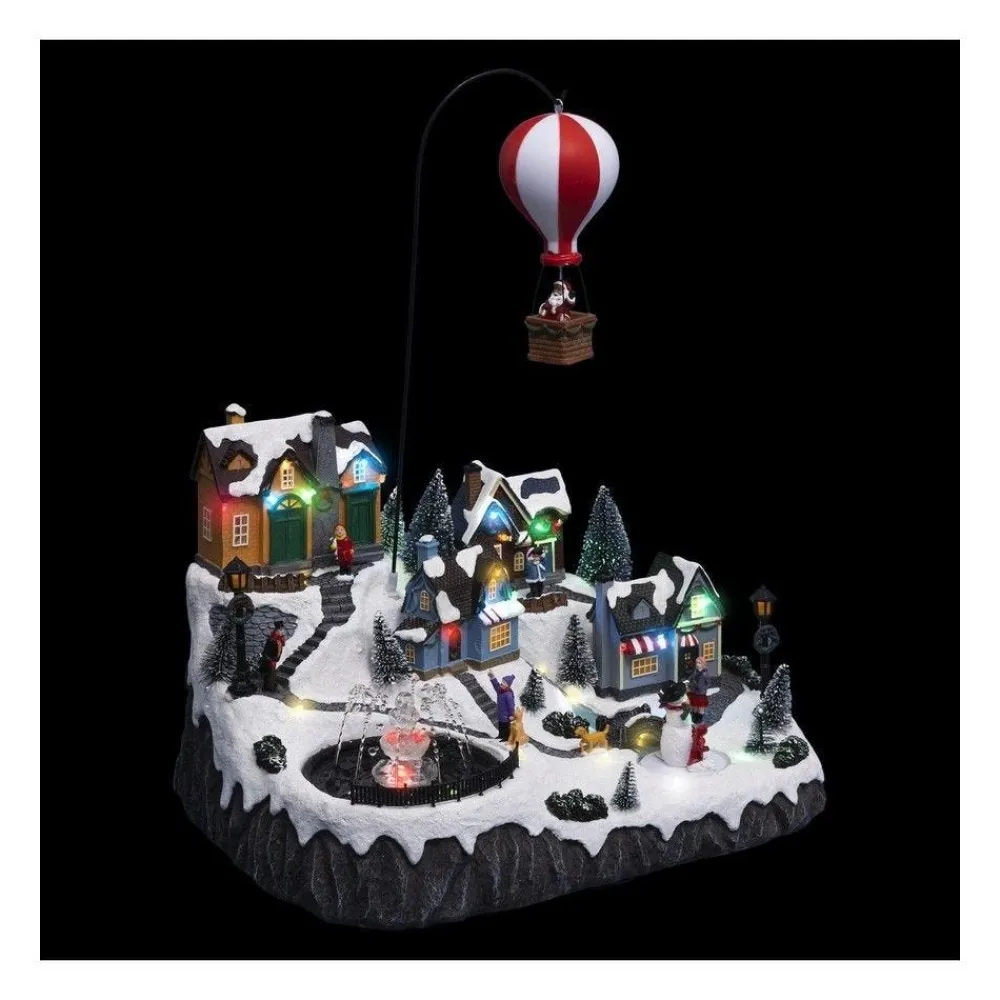 RETIF Village De Noel Lumineux Anime Et Musical Pere Noel Dans Sa Mongolfiere Hot